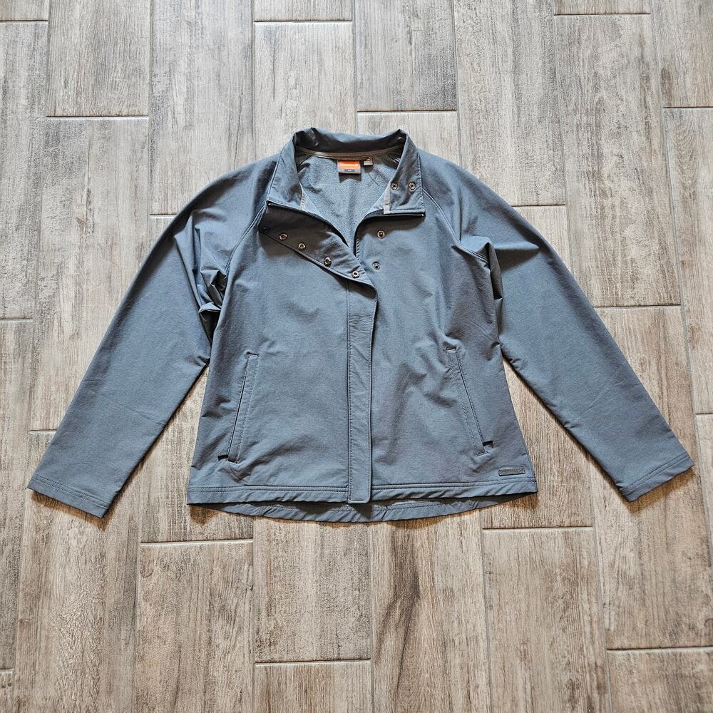 Merrell Softshell Jacket‎ Womens Size L Grey Collared Full Zip Snaps Pockets